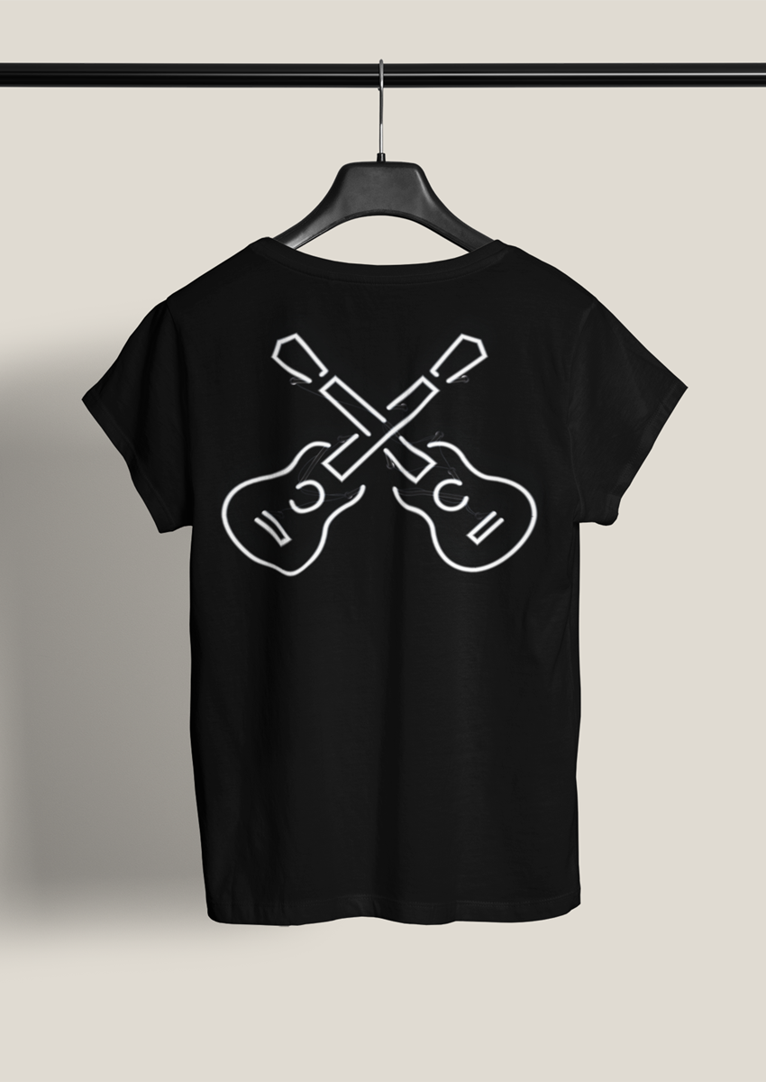Siyah Beyaz Çift Gitar Baskılı Siyah Kadın Bisiklet yaka T-shirt