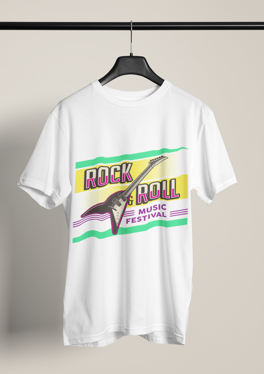 Rock & Roll Music Festival baskılı Beyaz Bisiklet yaka Erkek T-shirt 