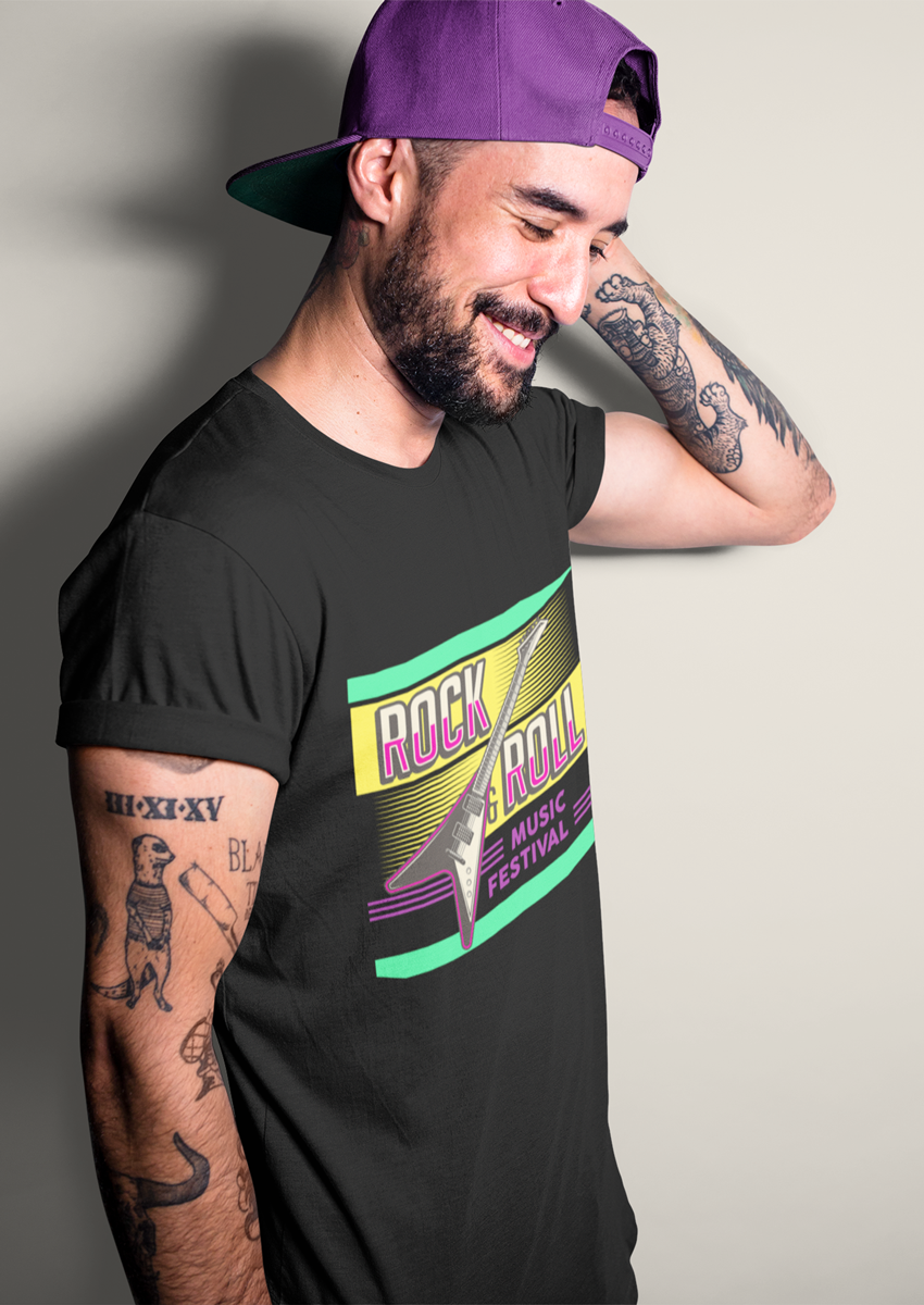 Rock & Roll Music Festival baskılı Siyah Bisiklet yaka Erkek T-shirt