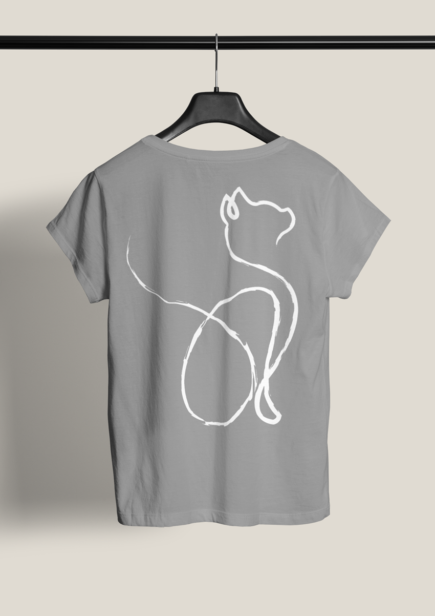 Sırtı Beyaz Kedi Baskılı Gri Kadın Bisiklet yaka T-shirt 