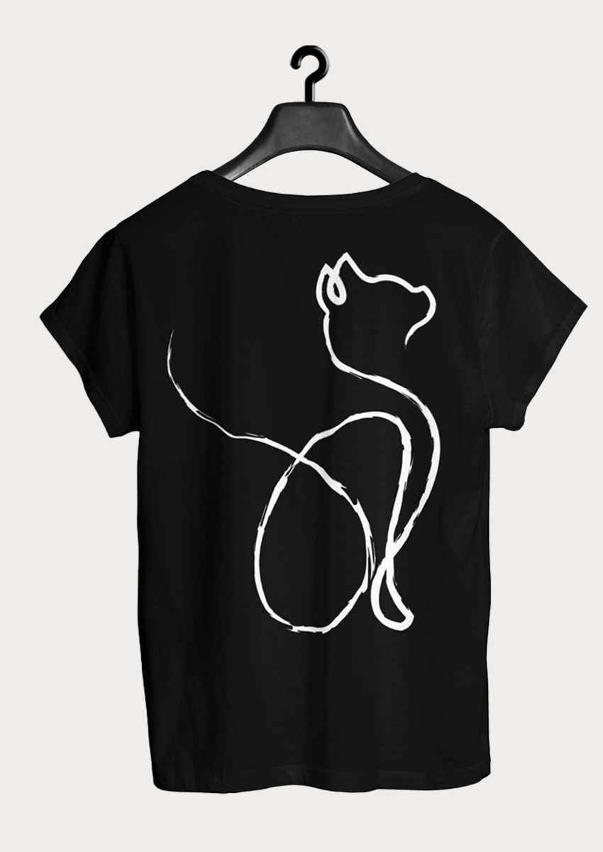 Sırtı Beyaz Kedi Baskılı Siyah Kadın Bisiklet yaka T-shirt 