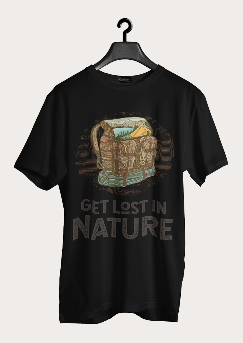Get Lost In Nature baskılı Siyah Bisiklet yaka Erkek T-shirt 