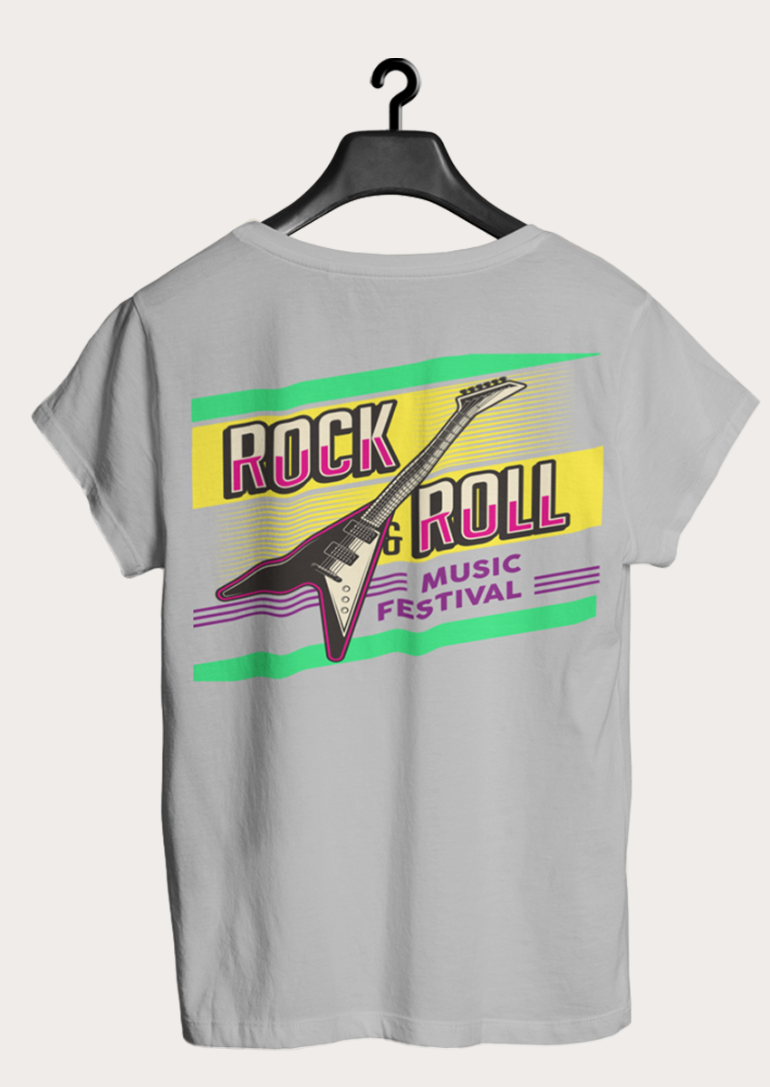 Rock & Roll Music Festival baskılı Gri Bisiklet yaka Kadın T-shirt