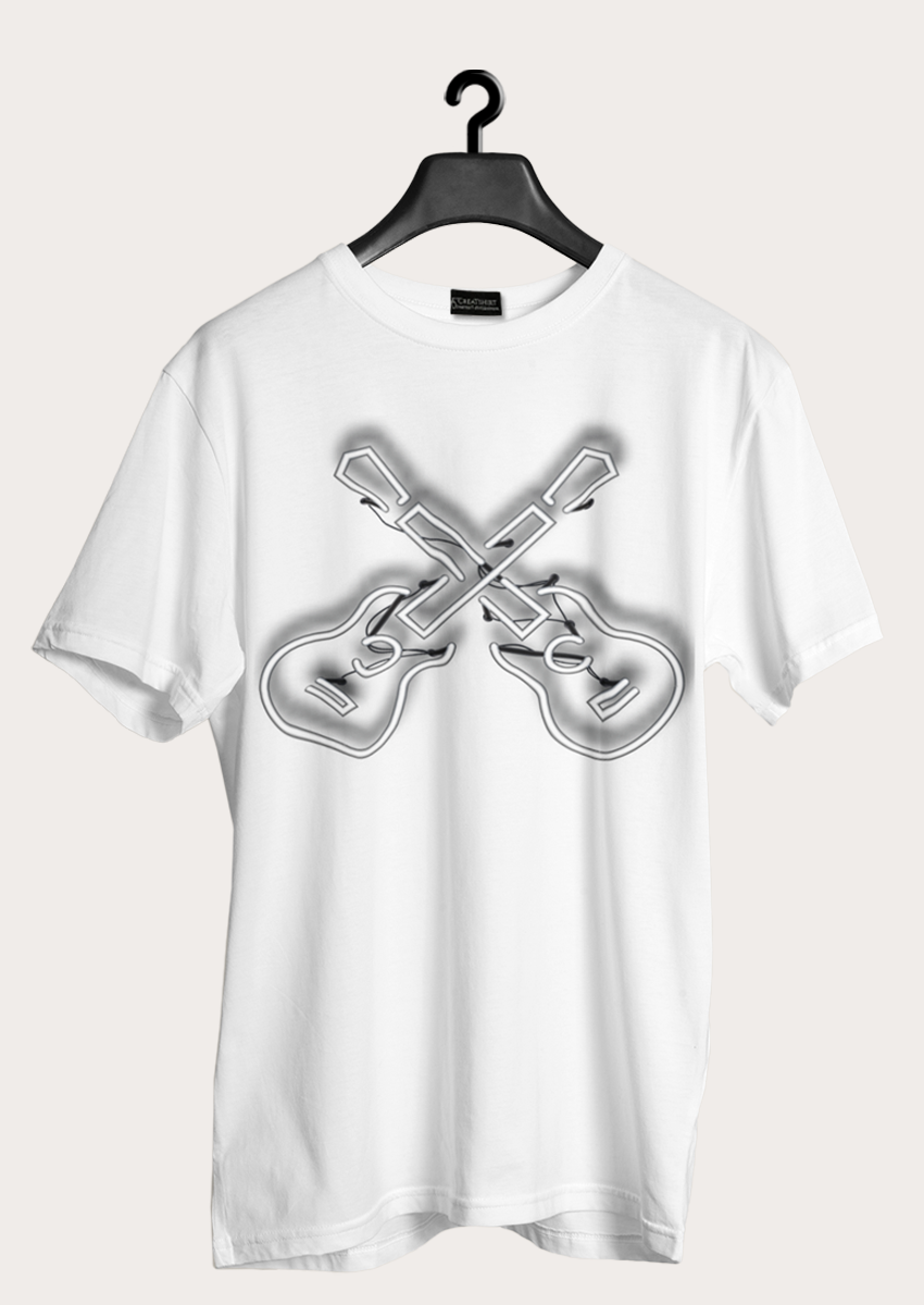 Siyah Beyaz Çift Gitar Baskılı Beyaz Erkek Bisiklet yaka T-shirt 