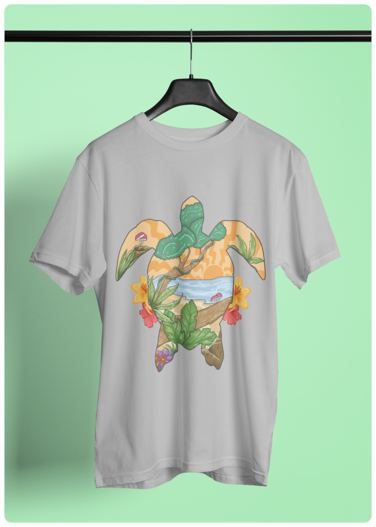 Summer Turtle baskılı Gri Erkek Bisiklet yaka T-shirt - 
