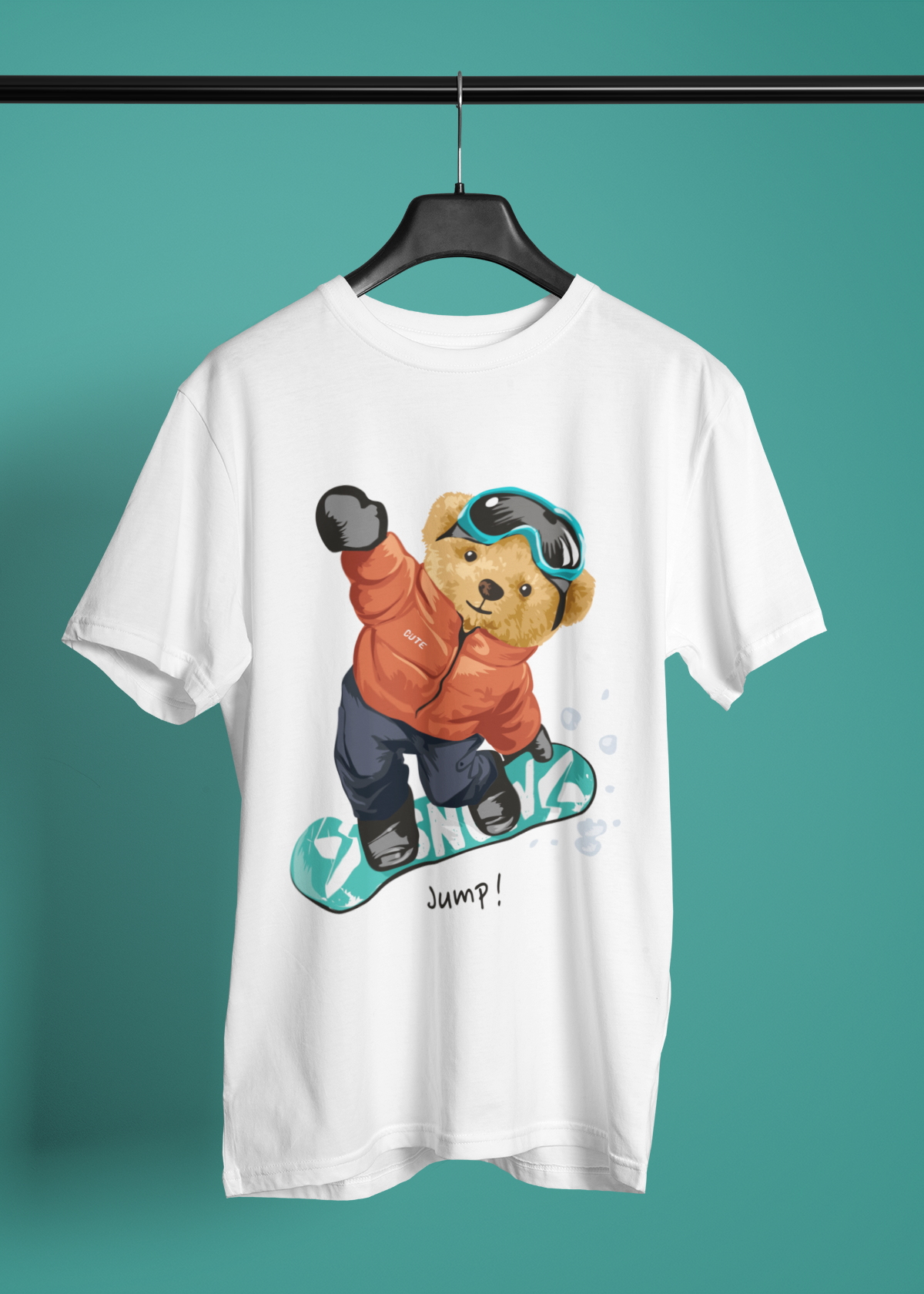 Crea-tshirt ‘Bear & Snowbord’ baskılı BeyazErkek bisiklet yaka T-shirt 