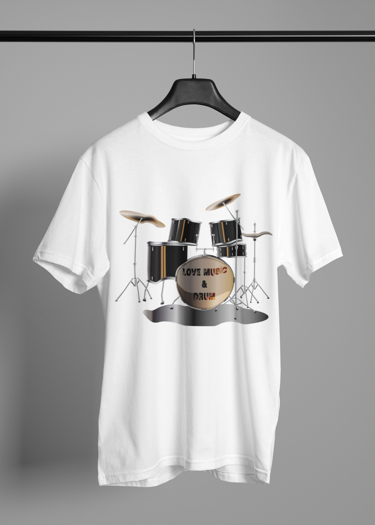 LOVE MUSIC & DRUM baskılı  Beyaz Bisiklet yaka Erkek T-shirt 