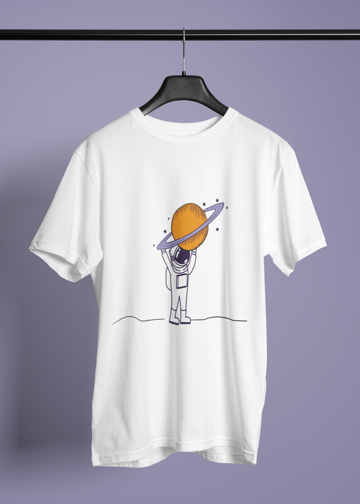 Astronot with Planet baskılı Bisiklet  yaka Beyaz T-shirt