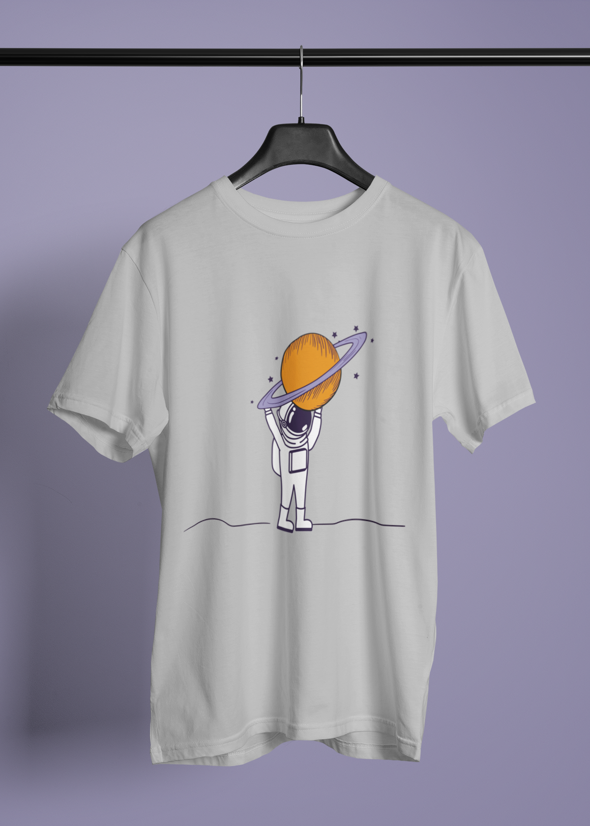 Astronot with Planet baskılı Bisiklet  yaka Gri    T-shirt 