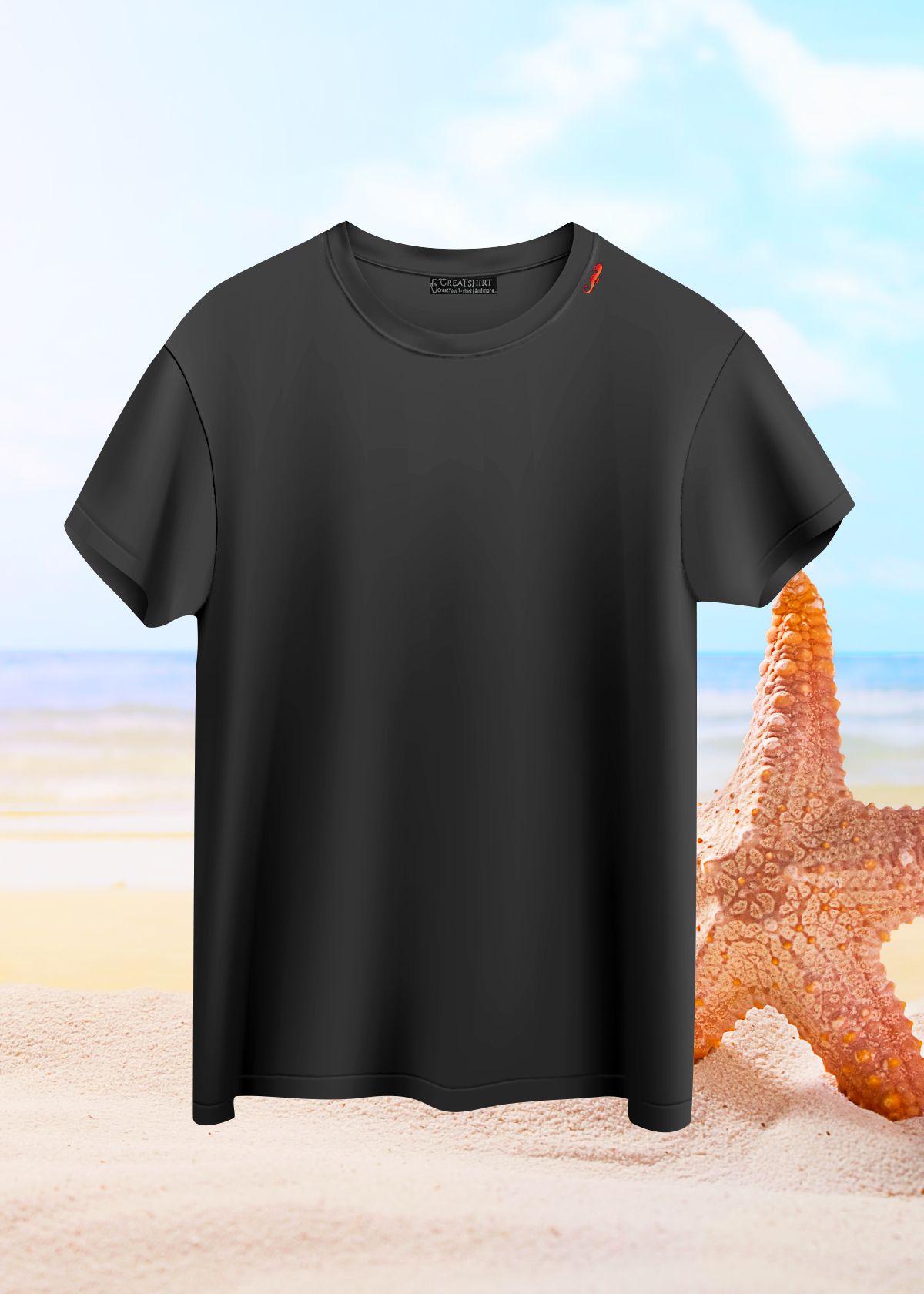 Yakası Deniz Atı  baskılı Bisiklet  Yaka Siyah T-shirt 