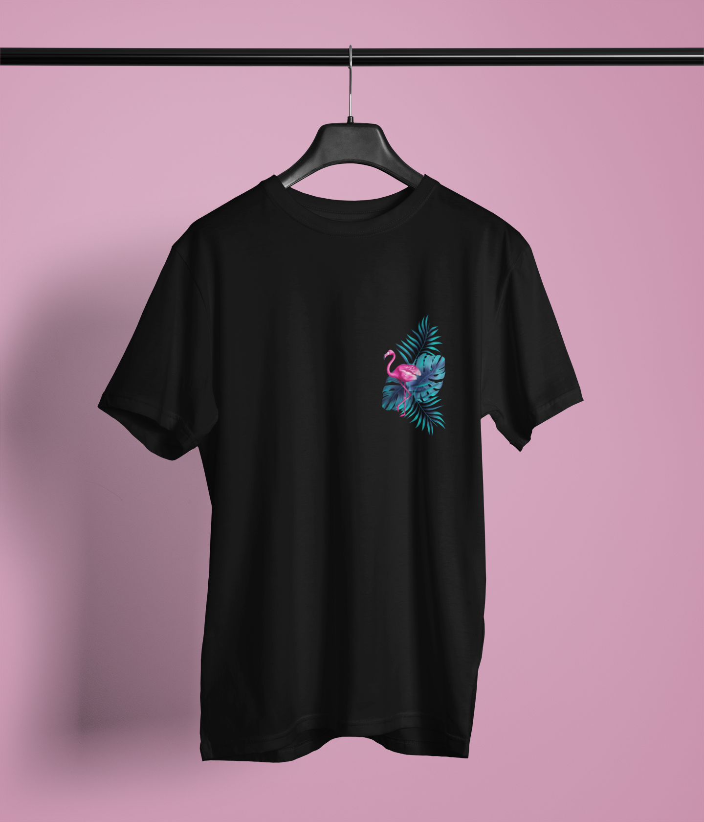 Crea-tshirt ‘ Flamingo ’Göğüs  baskılı Siyah Bisiklet Yaka T-shirt